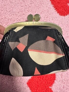 Ted Baker Black Kiss-Lock Coin Pouch with Cream & Coral Accents